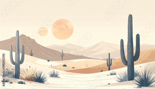 Retro Boho Style Desert Scenery with Cacti and Rolling Hills