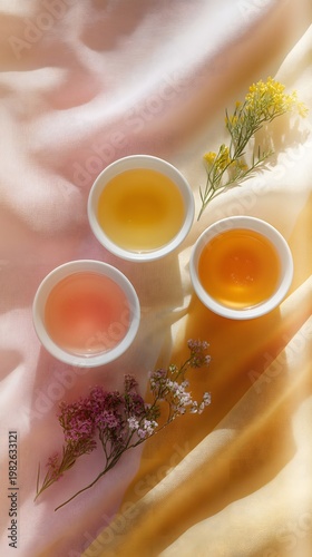 Three small cups of natural skincare serums with botanical ingredients on soft fabric