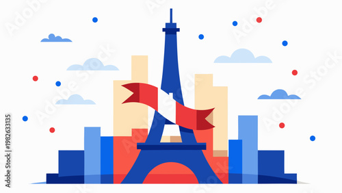 Eiffel tower illustration with hot air balloons in the background