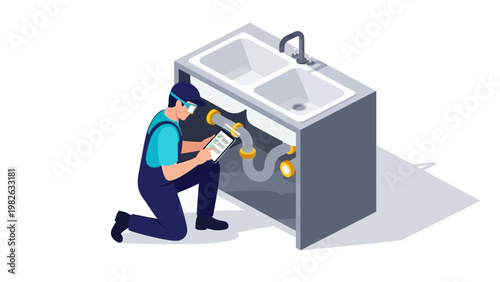 Plumber repairing kitchen sink in modern isometric style