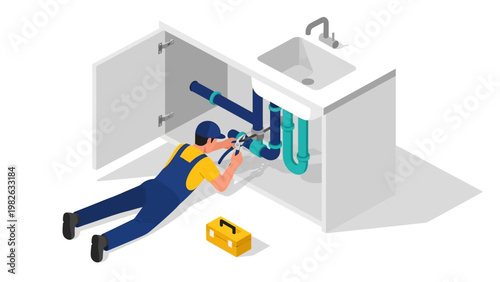 Plumber repairing sink pipes in modern isometric style kitchen interior