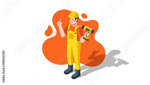 Smiling worker in protective gear holding drill with orange abstract shape background