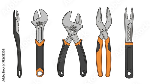 Realistic set of adjustable wrenches and pliers in modern style
