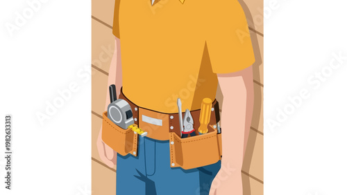 Construction worker with tool belt in isometric style