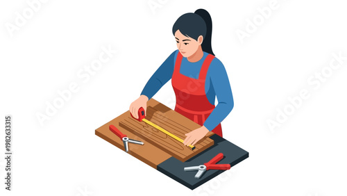 Isometric carpenter measuring wood at workbench