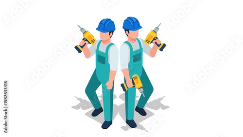 Twin construction workers in isometric style holding drills