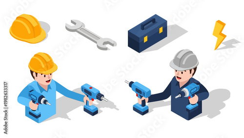 Isometric construction workers with tools and safety gear