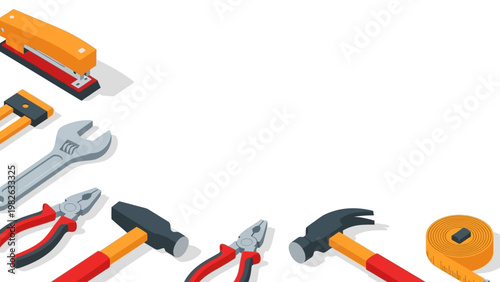 Isometric tools arrangement on white background with copy space