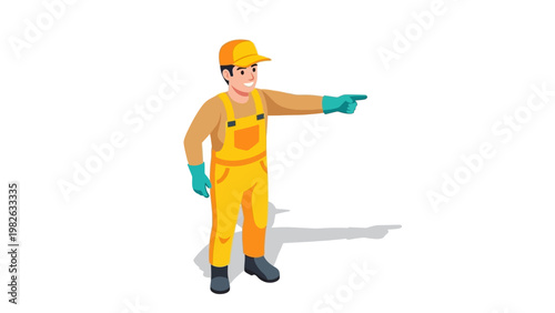 Cartoon worker pointing in yellow overalls and cap with gloves