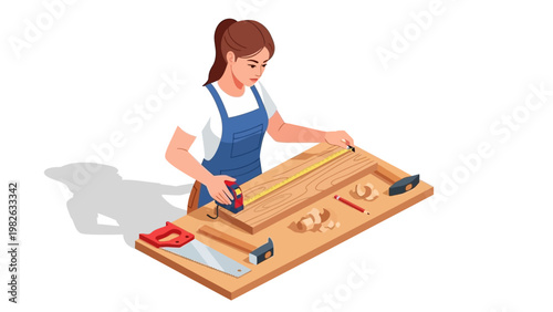 Woman carpenter measuring wood at workbench in isometric style