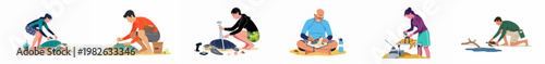 A collection of vector illustrations depicting marine biologists and volunteers working on sea turtle conservation, research, tagging, and protection activities.