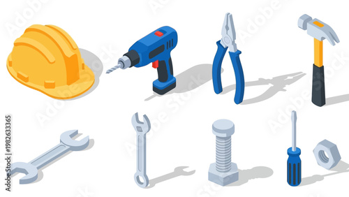 Isometric construction tools set with hard hat, drill, hammer, pliers, and wrenches for industrial design
