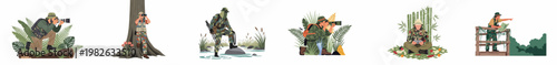 Set of illustrations featuring wildlife photographers, birdwatchers, and adventurers exploring and documenting various nature environments like forests and swamps.