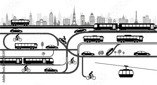 Urban Transportation Network with Diverse Vehicles and Cityscape Silhouette.