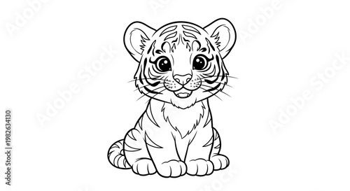 Cute tiger cub sitting and looking forward with big eyes and ears