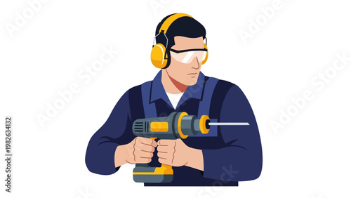 Man using power drill with safety gear in modern flat design