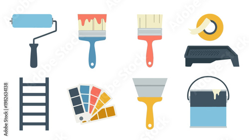 Flat design painting tools set with brushes, rollers, and color swatches for diy projects