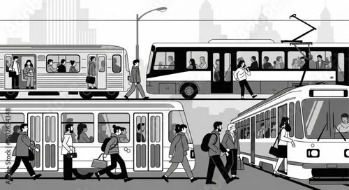 Urban Public Transportation Scene with People Commuting.