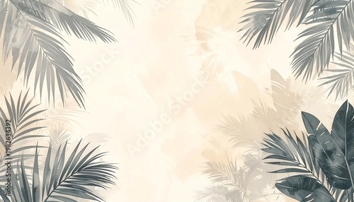 Tropical botanical frame with dark green palm fronds in watercolor style, boho aesthetic