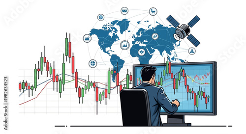 Businessman analyzing financial charts and global satellite communication