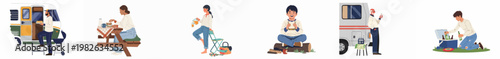 Collection of flat illustrations showing people enjoying camping and picnic activities with campers, food, and drinks in the outdoors.