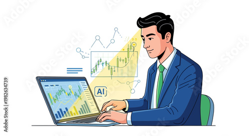 Businessman analyzing financial data on laptop computer vector illustration