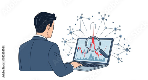 Businessman analyzing financial data on laptop screen vector illustration