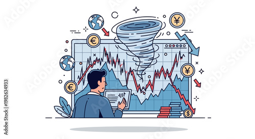Businessman analyzing financial data with economic downturn illustration