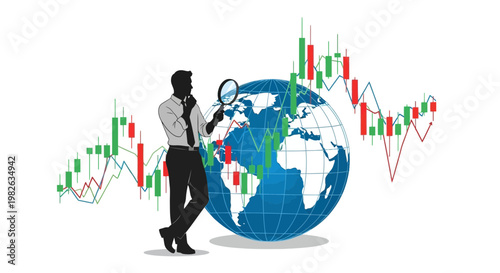 Businessman analyzing financial data with magnifying glass over world globe