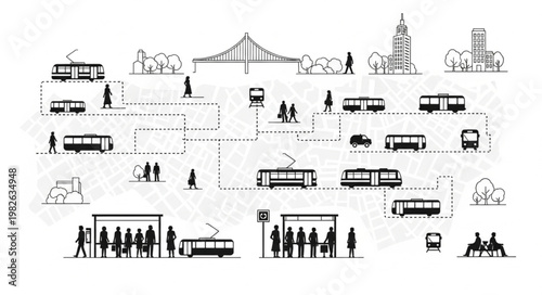 Urban street scene with trams and pedestrians in a minimalist style.