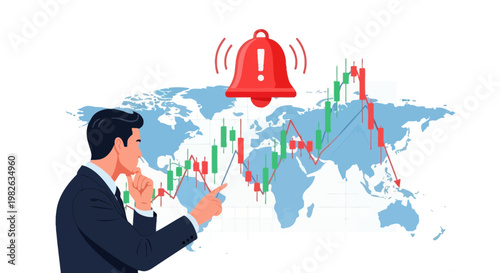 Businessman analyzing financial data with world map and alarm bell