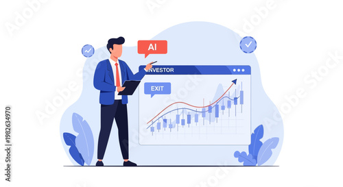 Businessman analyzing financial growth chart with ai concept illustration