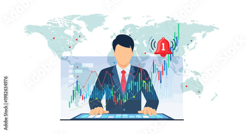 Businessman analyzing financial data with world map background and alert