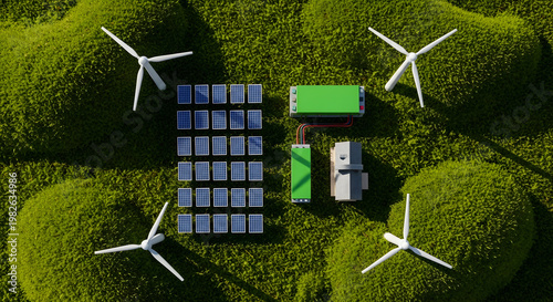 Top down view of solar panels and wind turbines on green grass landscape representing renewable clean energy systems