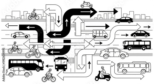 Urban Traffic Flow and Transportation Modes Illustration.