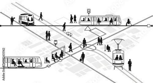 Urban Tramway Intersection with Pedestrians and Public Transport.