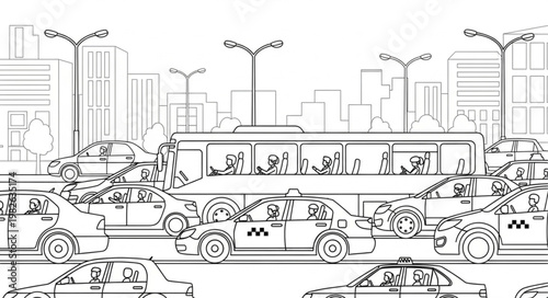 Urban Traffic Jam Scene with Cars and Bus.