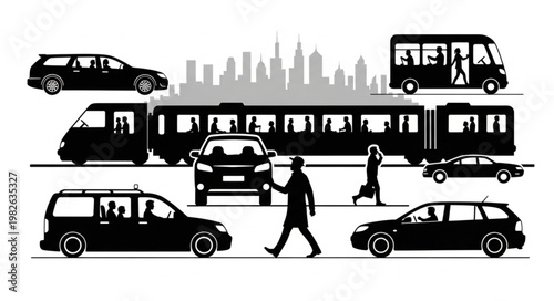 Urban transportation and city life illustration.