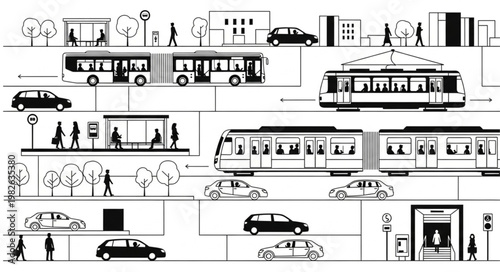Urban Transportation and City Life Illustration.