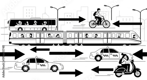 Urban transportation modes illustration with arrows.