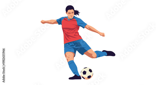 Dynamic illustration of a skilled female soccer player powerfully kicking the ball during an intense match, showcasing athletic determination and precision on the field