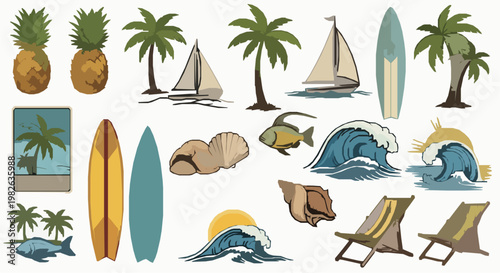 Vibrant Tropical Beach Resort Flat Vector Illustration Set Pack