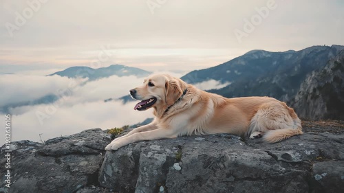 A dog rests its head on a rock with slow visible breathing at a high-altitude viewpoint with clouds spread below. Pet rest and mountain scenery concept
