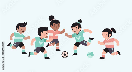 Cheerful diverse kids playing soccer, dribbling and kicking a ball in a lively outdoor game, promoting sports, friendship, and healthy activity for childhood development