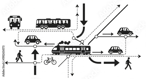 Urban Transportation Network Diagram with Various Vehicles and Pedestrians.