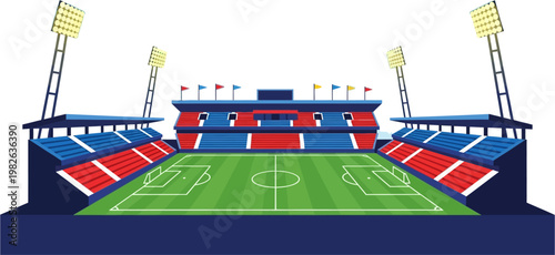 Vibrant Football Stadium with Empty Stands and Bright Floodlights Awaiting Sporting Events and Enthusiastic Crowds