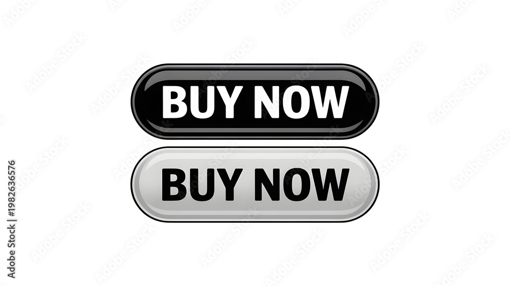 Fototapeta premium Two 'buy now' buttons in black and white on a plain background for online shopping or call to action