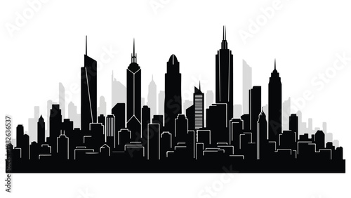 City skyline with tall buildings and skyscrapers in black silhouette on white background