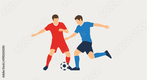 Dynamic vector illustration showcasing two male football players engaged in an intense game, competing for possession of the ball on a neutral background, symbolizing teamwork and rivalry in sports