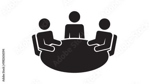 Three people sitting around a round table in a simple graphic illustration style